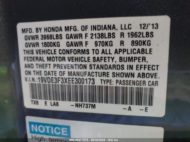 19VDE3F3XEE300173 Acura Ilx Hybrid 1.5l