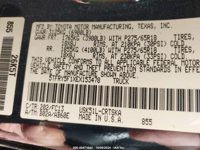 5TFRY5F1XEX153478 Toyota Tundra Sr5 5.7l V8