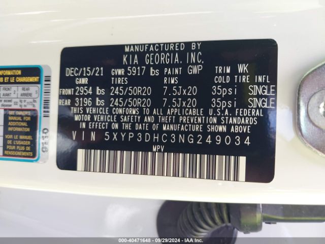 5XYP3DHC3NG249034 KIA Telluride Ex
