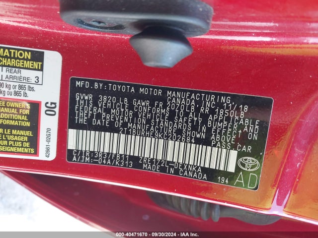 Toyota COROLLA LE 2019 2T1BURHE9KC202684 Image 9