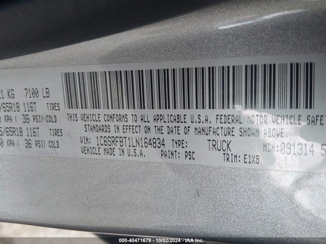 1C6SRFBT1LN164834 RAM 1500 Big Horn  4x4 6'4 Box