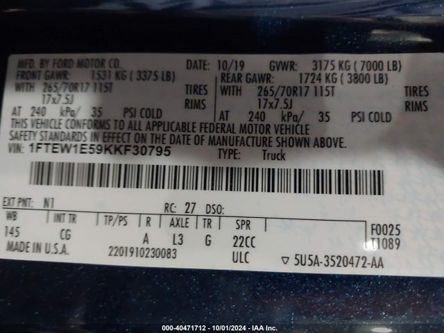 Ford F-150 Xl 2019 1FTEW1E59KKF30795 Image 9