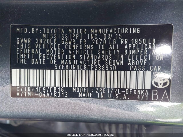 Toyota COROLLA LE 2015 5YFBURHE8FP288950 Image 9