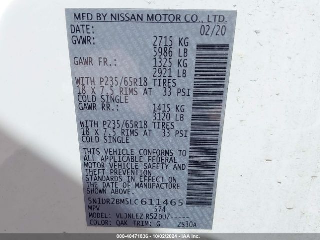 5N1DR2BM5LC611465 Nissan Pathfinder Sv 4wd