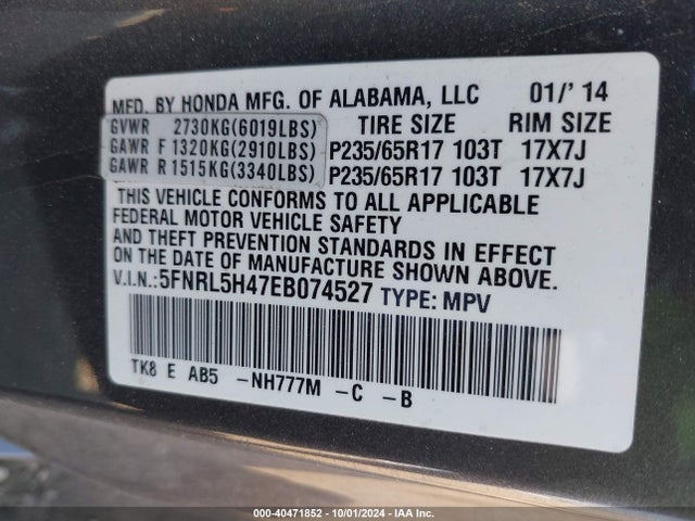 Honda ODYSSEY EX 2014 5FNRL5H47EB074527 Image 9
