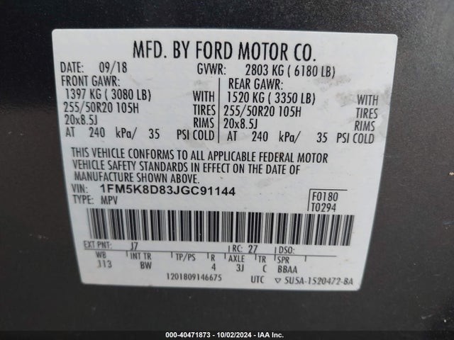 Ford EXPLORER XLT 2018 1FM5K8D83JGC91144 Image 9
