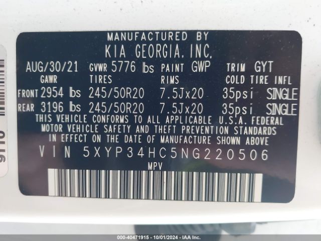 5XYP34HC5NG220506 KIA Telluride Ex