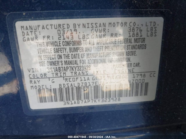 Nissan SENTRA SV 2019 3N1AB7AP7KY323928 Image 9