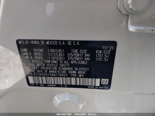 3CZRU5H7XNM718664 Honda Hr-v 2wd Ex-l