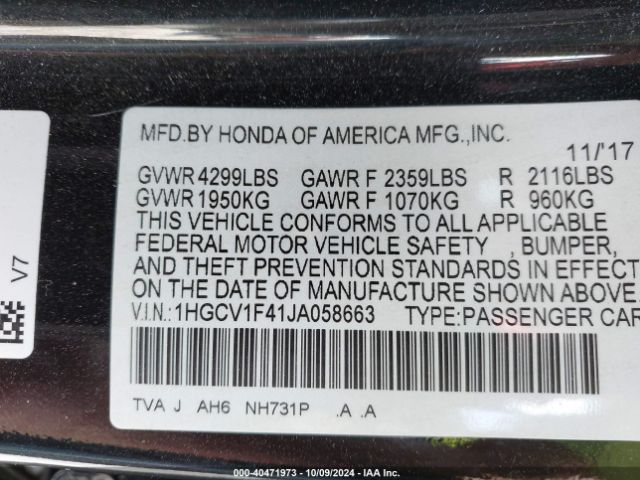 1HGCV1F41JA058663 Honda ACCORD EX
