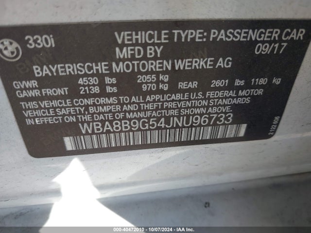 WBA8B9G54JNU96733 BMW 330I