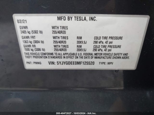 5YJYGDEE0MF125520 Tesla Model Y Long Range Dual Motor All-wheel Drive