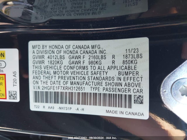 Honda CIVIC EX 2024 2HGFE1F7XRH312651 Image 9
