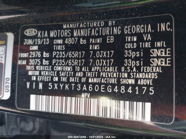 5XYKT3A60EG484175 KIA SORENTO LX