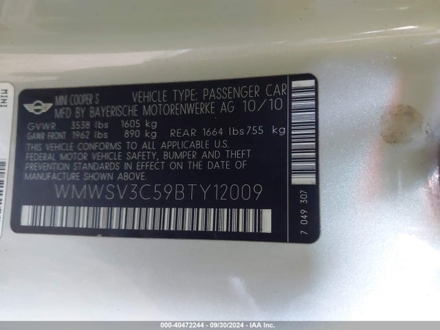 Продажа на аукционе авто 2011 Mini Cooper S, vin: WMWSV3C59BTY12009, номер лота: 40472244