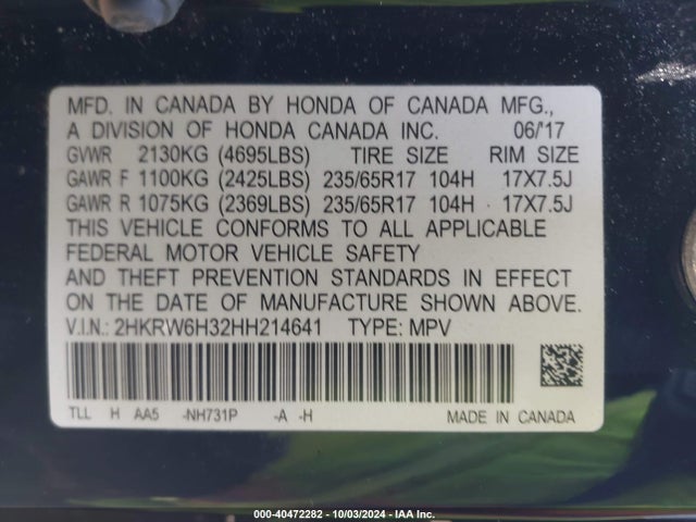 Honda CR-V LX 2017 2HKRW6H32HH214641 Image 9