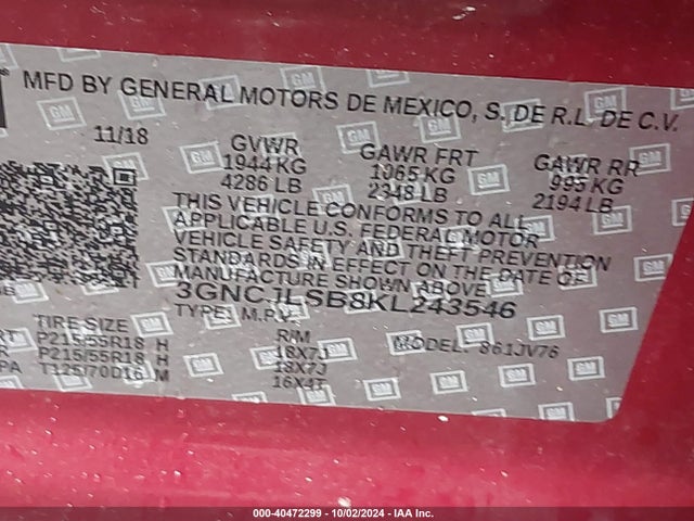 Chevrolet Trax Lt 2019 3GNCJLSB8KL243546 Image 9