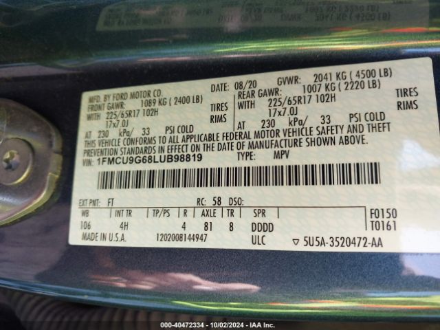 1FMCU9G68LUB98819 Ford ESCAPE SE
