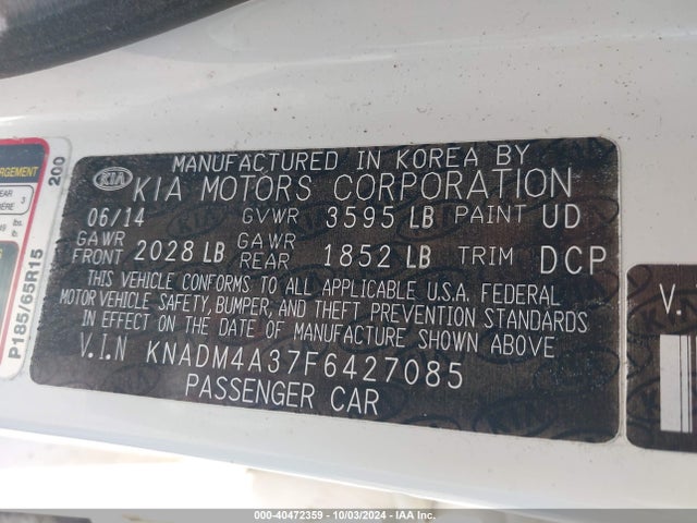 KIA RIO LX 2015 KNADM4A37F6427085 Image 9