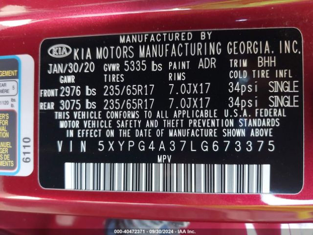 5XYPG4A37LG673375 KIA Sorento 2.4l Lx
