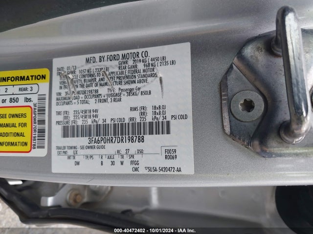 40472402 :رقم المزاد ، 3FA6P0HR7DR198788 vin ، 2013 Ford Fusion Se مزاد بيع