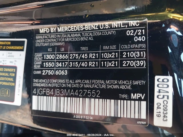 4JGFB4JB3MA427552 Mercedes-Benz GLE 350