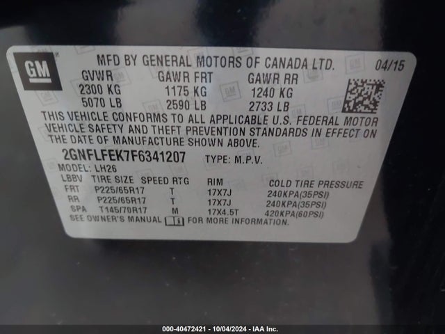 Chevrolet EQUINOX 1LT 2015 2GNFLFEK7F6341207 Image 9