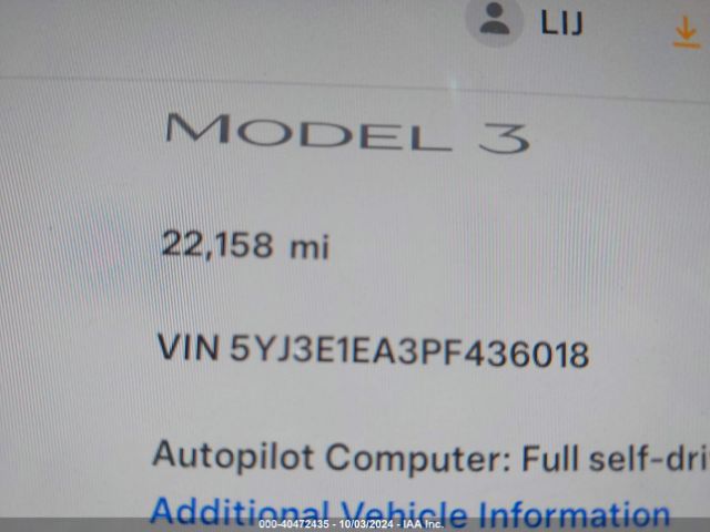 5YJ3E1EA3PF436018 Tesla Model 3 Rear-wheel Drive