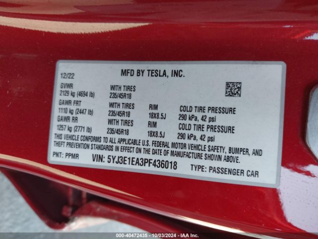 5YJ3E1EA3PF436018 Tesla Model 3 Rear-wheel Drive