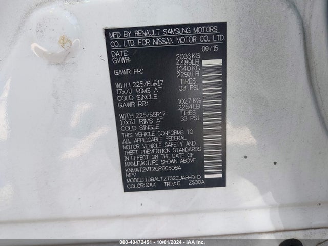 Nissan ROGUE SV 2016 KNMAT2MT2GP605084 Image 9