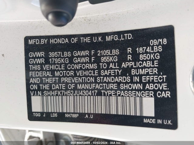 Honda CIVIC EX 2018 SHHFK7H52JU430417 Image 9