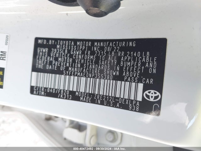 Toyota COROLLA LE 2022 5YFEPMAE0NP355380 Image 9
