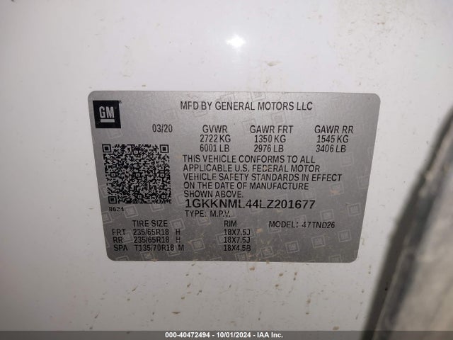 1GKKNML44LZ201677 GMC Acadia Fwd Slt