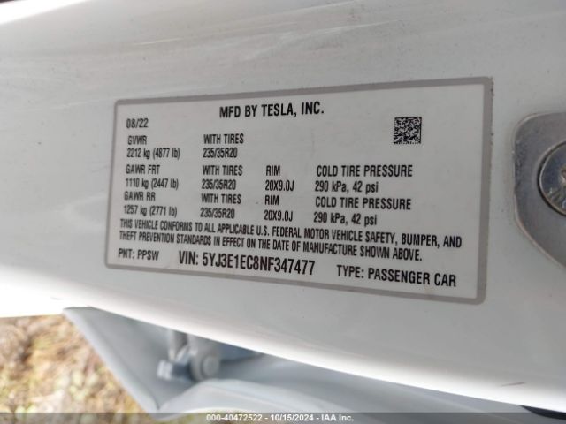 5YJ3E1EC8NF347477 Tesla Model 3 Performance Dual Motor All-wheel Drive