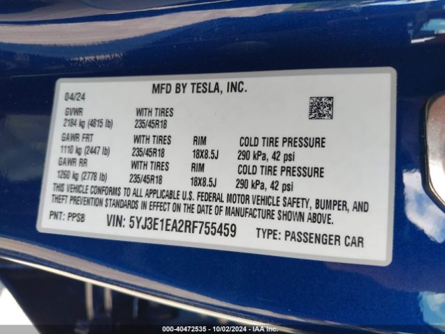 2024 TESLA MODEL 3 5YJ3E1EA2RF755459 Photo 8