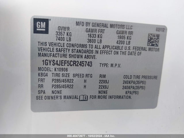 2012 CADILLAC ESCALADE ESV 1GYS4JEF5CR245743 Photo 8