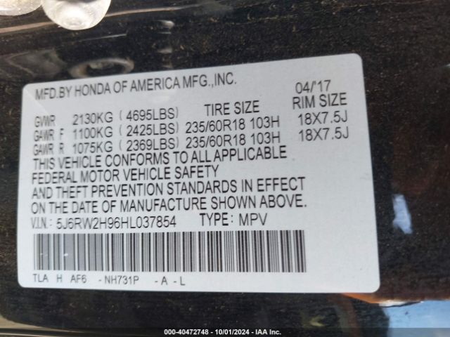 5J6RW2H96HL037854 Honda Cr-v Touring