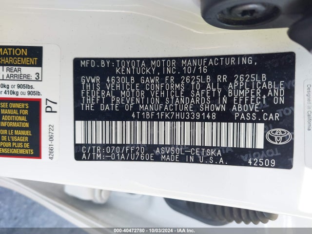 Toyota CAMRY SE 2017 4T1BF1FK7HU339148 Image 9