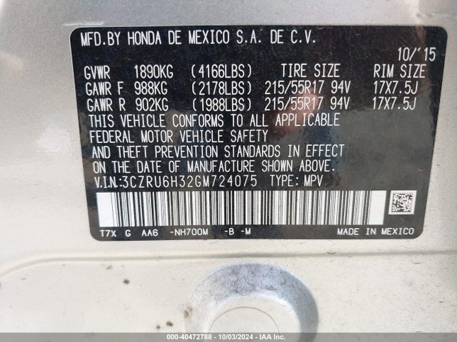 Honda HR-V LX 2016 3CZRU6H32GM724075 Image 9