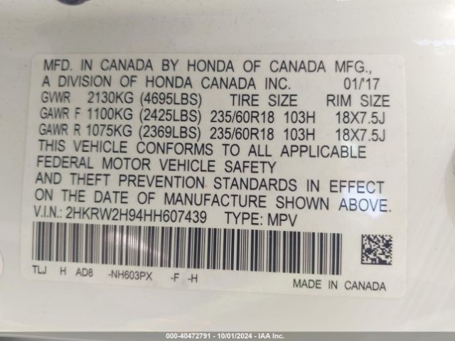 2HKRW2H94HH607439 Honda Cr-v Touring