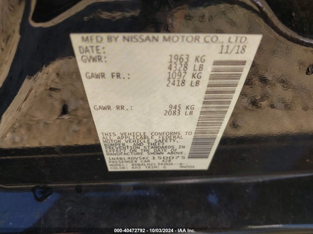 Nissan Altima 2.5 Sv 2019 1N4BL4DV5KC150075 Image 9