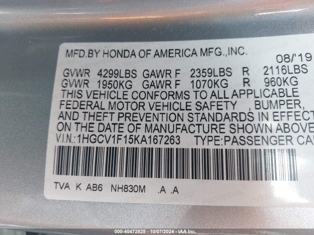 Honda ACCORD LX 2019 1HGCV1F15KA167263 Image 9