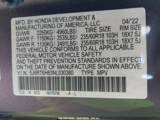 5J6RT6H83NL030380 Honda Cr-v Hybrid Ex-l