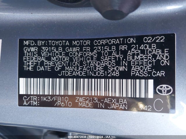 Toyota Corolla Hybrid Le 2022 JTDEAMDE1NJ051248 Image 9