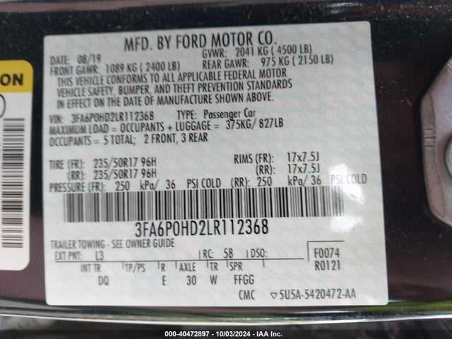 Ford FUSION SE 2020 3FA6P0HD2LR112368 Image 9
