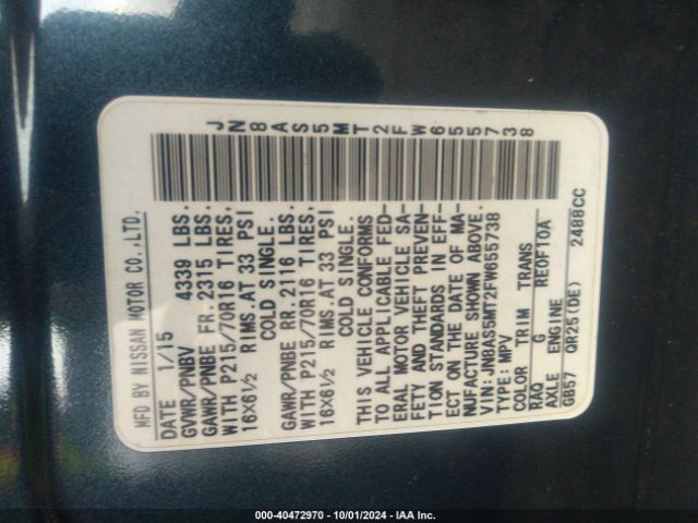 JN8AS5MT2FW655738 Nissan Rogue Select S