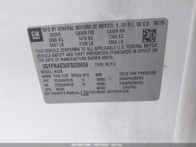 3GYFNAE36FS638639 Cadillac Srx Standard