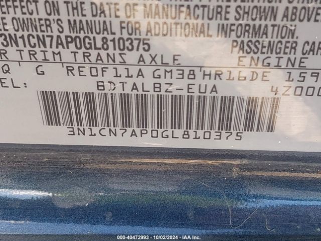 3N1CN7AP0GL810375 Nissan Versa 1.6 S/1.6 S+/1.6 Sl/1.6 Sv