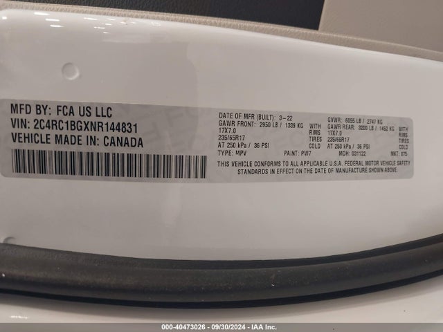 2C4RC1BGXNR144831 Chrysler Pacifica Touring L