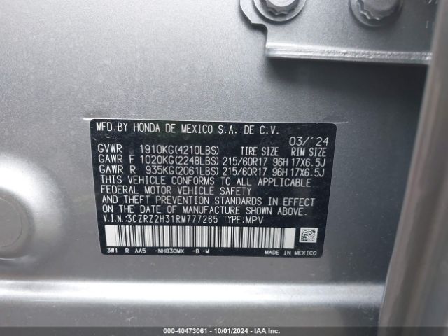 3CZRZ2H31RM777265 Honda Hr-v Awd Lx